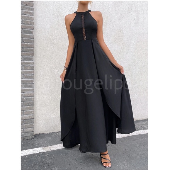 Black Elegant Maxi Dress Lace Halter Neckline Zip Back Flared Long Leg Slit - Picture 5 of 8